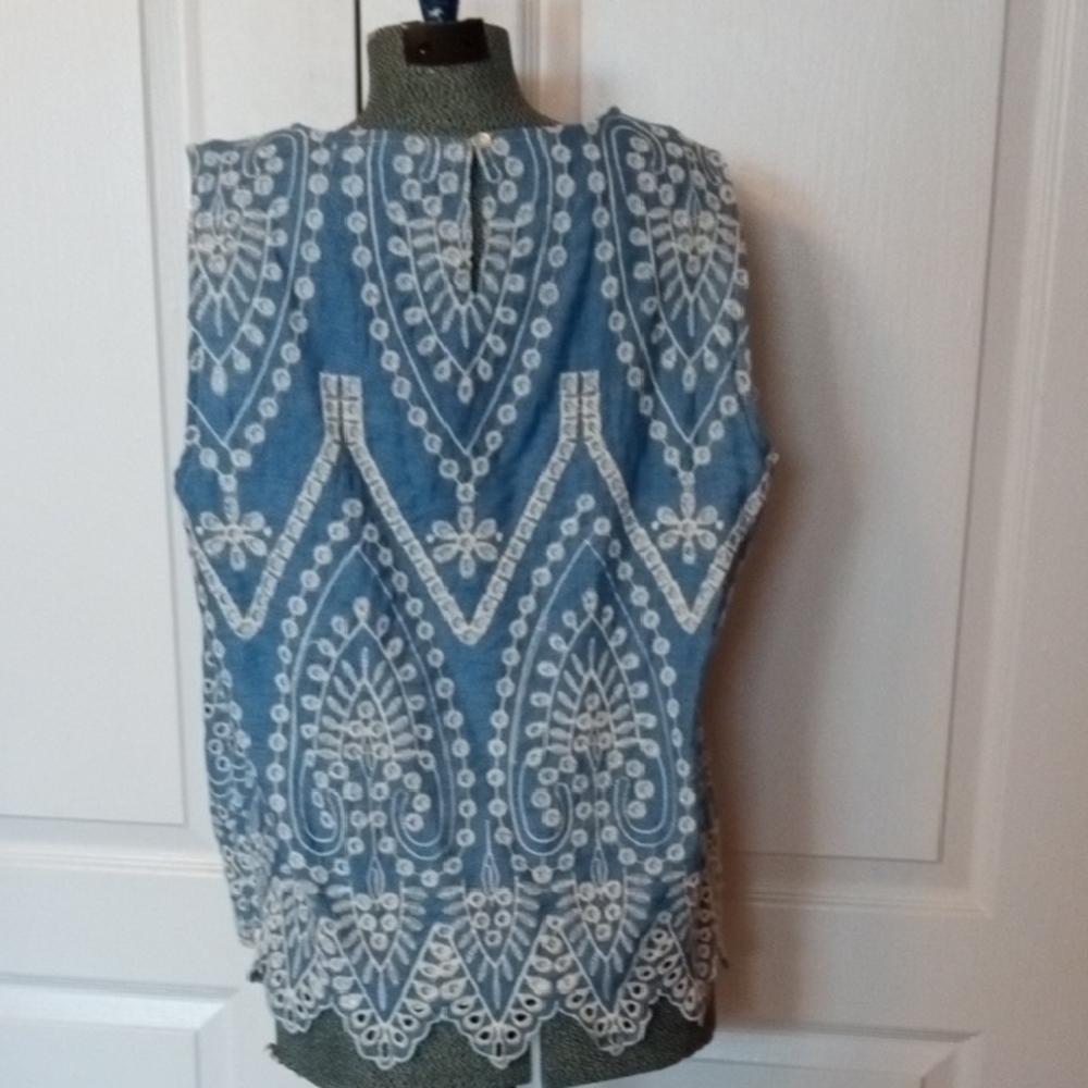 Sleeveless Blue Embroidered Tunic with White Lace Trim - Picture 5 of 5